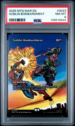 2025 MTG MARVEL'S SPIDER-MAN: SOURCE MATERIAL #0023 GOBLIN BOMBARDMENT PSA 8 - Image 1