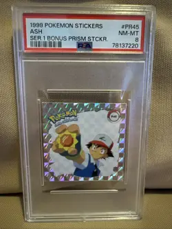 1999 Pokemon Stickers Ash Series 1 Bonus Prism Sticker PSA 8 - Image 1