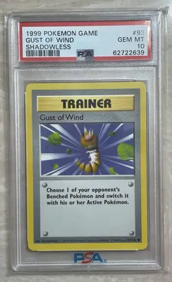 Pokemon TCG Gust of Wind Base Set, SHADOWLESS Common Trainer Card 93/102 PSA 10 - Image 1