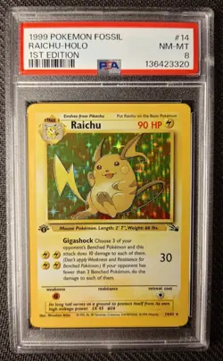 Pokemon Raichu 14/62 1st Edition Fossil Holo - PSA 8 - Image 1