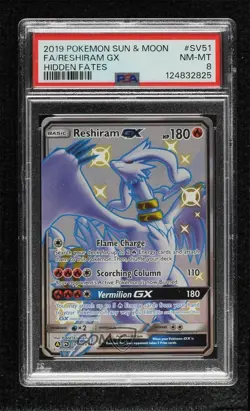 Shiny - Reshiram GX Pokemon Sun & Moon Hidden Fates Vault PSA 8 - Image 1