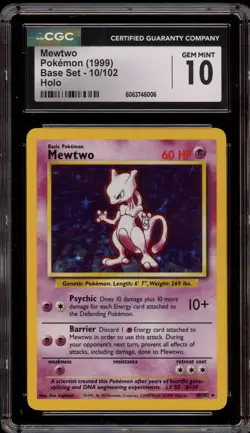 Pokemon Mewtwo Base Set Unlimited Holo Rare #10 CGC 10 Gem Mint - Image 1