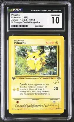 CGC 10 GEM MINT Pikachu 1999 Jungle 1st Edition 60/64 W Stamp Pokemon Card - Image 1