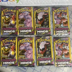 Pokemon Unified Minds - Sun & Moon 3 Card Booster Pack Lot of 8- 2x Full Art Set - Image 1