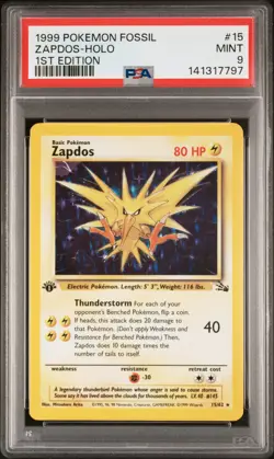 1999 POKEMON FOSSIL 1ST ED #15 ZAPDOS-HOLO PSA 9 - Image 1