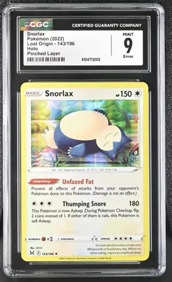 Snorlax Lost Origin PINCHED LAYER ERROR CGC 9 Mint Holo 143/196 Pokemon 2022 - Image 1