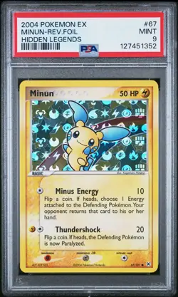 2004 POKEMON EX HIDDEN LEGENDS #67 MINUN-REVERSE FOIL PSA 9 - Image 1