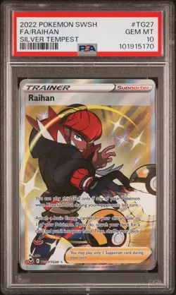 2022 POKEMON SWORD & SHIELD SILVER TEMPEST #TG27 FULL ART/RAIHAN PSA 10 - Image 1