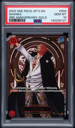 2025 ONE PIECE OP13-CARRYING ON HIS WILL 3RD ANNIVERSARY-GOLD #004 SHANKS PSA 10 - Image 1