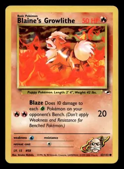 Blaine's Growlithe 62/132 Common Gym Heroes WOTC Pokemon LP - Image 1