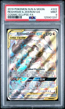 2019 POKEMON SUN & MOON COSMIC ECLIPSE #222 FULL ART/RESHIRAM & ZEKROM GX PSA 9 - Image 1