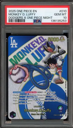 One Piece CCG Monkey.D.Luffy Dodgers X One Piece Night EB02-010 PSA 10 Gem Mint - Image 1