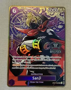 Sanji RARE 2ND ANNIVERSARY GOLD FOIL PROMO ALT ART OP07-064 ONE PIECE TCG NM - Image 1