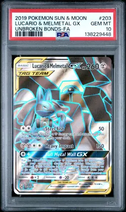 2019 POKEMON SUN & MOON UNBROKEN BONDS FULL ART/LUCARIO & MELMETAL GX PSA 10 - Image 1