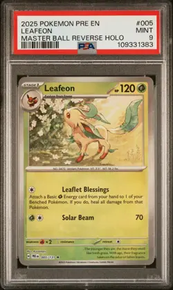 Pokemon TCG Prismatic Evolutions 005/131 Leafeon Master Ball Holo PSA 9 - Image 1