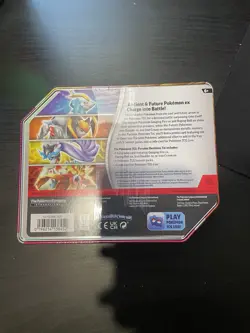 4 POKEMON PARADOX DESTINIES TIN GOUGING FIRE EX IN HAND - Image 5