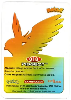 PIDGEOT #018 LAMINCARD COLECCION POKEMON LAMINCARDS 2005 EDIBAS (USADA) - Image 2