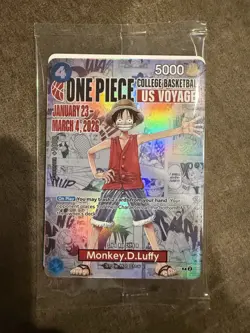 One Piece CCG Monkey D. Luffy US Voyage Promo Holo Card P-055 Rutgers Basketball - Image 1