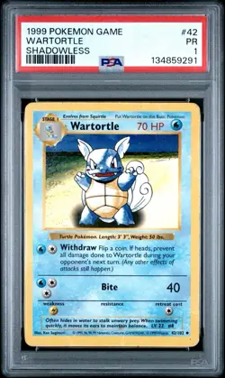 PSA 1 Shadowless Wartortle Base Set 42/102 1999 Pokemon WoTC PR - Image 1