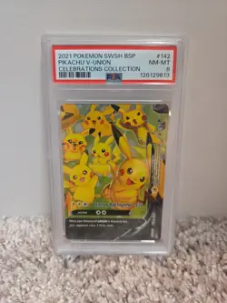 PSA 8 Pikachu V-Union SWSH BSP #142 Celebrations Collection Promo Cards Holo - Image 1