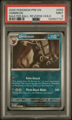 2025 Pokemon Prismatic Evolutions Umbreon #059 Master Ball Reverse Holo PSA 9 - Image 1