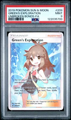 2019 Pokemon Sun & Moon Unbroken Bonds Green's Exploration #209 FA PSA 9 MINT - Image 1