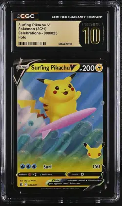 CGC 10 Surfing Flying Pikachu V 006 008/025 Celebrations Pristine Pokemon Card - Image 1