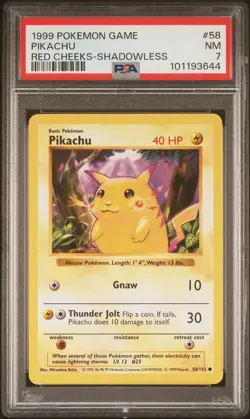 1999 POKEMON BASE SET RED CHEEKS-SHADOWLESS #58 PIKACHU PSA 7 - Image 1