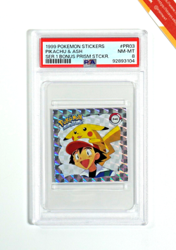 Pokemon PSA 8 Pikachu & Ash #PR03 Serie 1 Bonus Prism Stickers 1999 Japanese - Image 1