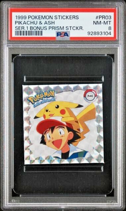 Pokemon PSA 8 Pikachu & Ash #PR03 Serie 1 Bonus Prism Stickers 1999 Japanese - Image 2