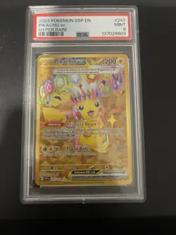 2024 Pikachu PSA 9 EX Pokemon SSP EN Surging Sparks Holo Hyper Rare Gold 247/191 - Image 1