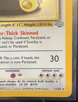 Pokemon TCG Snorlax Jungle Holo Unlimited Rare Card 11/64 - Image 3