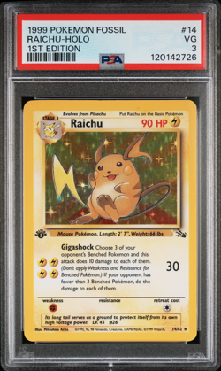 1999 POKEMON FOSSIL #14/62 RAICHU - HOLO 1st Edition PSA 3 - Image 1