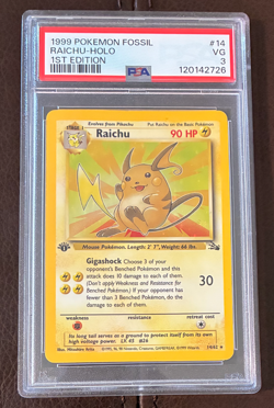 1999 POKEMON FOSSIL #14/62 RAICHU - HOLO 1st Edition PSA 3 - Image 3