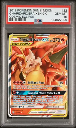 2019 POKEMON SUN & MOON COSMIC ECLIPSE #22 CHARIZARD & BRAIXEN GX PSA 10 - Image 1
