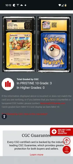 (POP 3) CGC 10 PRISTINE 2003 Pokemon Skyridge Farfetch'd 55/144 Card - Image 4