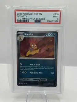 2025 Pokemon SVP EN JTG Three Pack Blister #188 Scrafty PSA 9 - Image 1