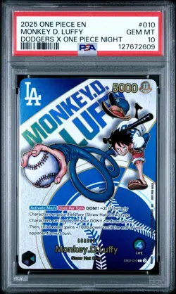 2025 ONE PIECE PROMO EB02 010 DODGERS X ONE PIECE NIGHT MONKEY D LUFFY PSA 10 - Image 1