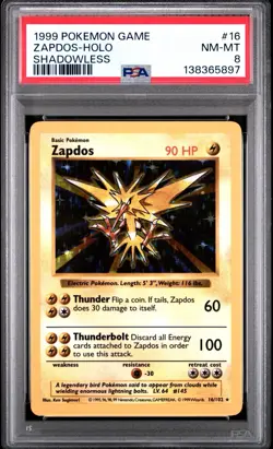 1999 POKEMON GAME SHADOWLESS #16 ZAPDOS-HOLO PSA 8 - Image 1