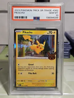 PSA 10 Gem Mint Pikachu Graded Pokemon Card #062 Trick or Trade 2023 - Image 1