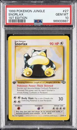 1999 POKEMON JUNGLE 1ST ED #27 SNORLAX PSA 10 - Image 1