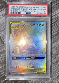 Pokemon Greninja & Zoroark Tag Team GX #222 Secret Rare PSA 10 Unbroken Bonds - Image 1