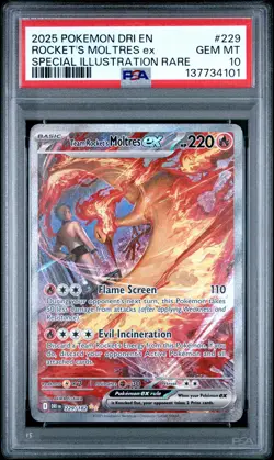 2025 POKEMON DRI EN-DESTINED RIVALS #229 TEAM ROCKET'S MOLTRES EX PSA 10 - Image 1