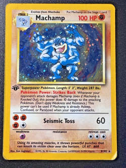 1st Edition Machamp 8/102 Base Set Pokemon Card Cosmos Holo Foil Rare Swirl HP - Image 1