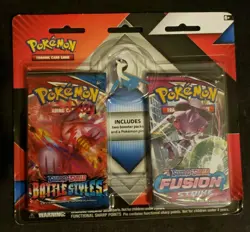 Pokemon TCG- One 2 Pack Blister BATTLE STYLES & FUSION STRIKE w/ Red or Blue Pin - Image 1