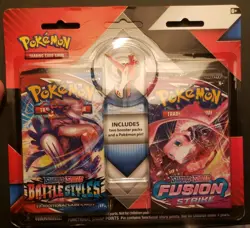Pokemon TCG- One 2 Pack Blister BATTLE STYLES & FUSION STRIKE w/ Red or Blue Pin - Image 2