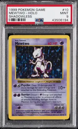 1999 POKEMON BASE SET SHADOWLESS #10 MEWTWO-HOLO PSA 9 - Image 1