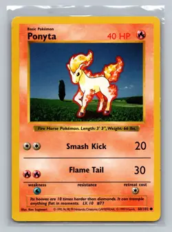 Ponyta Base Set 60/102 Regular Shadowless Common 1999 Vintage Pokemon Card TCG - Image 1