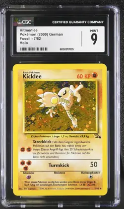 CGC 9 MINT German Hitmonlee 2000 Fossil 7/62 Holo SWIRL Pokemon Card - Image 1
