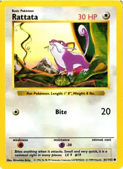 Pokemon TCG Rattata Base Set 61/102 Regular Shadowless Common VLP - Image 1